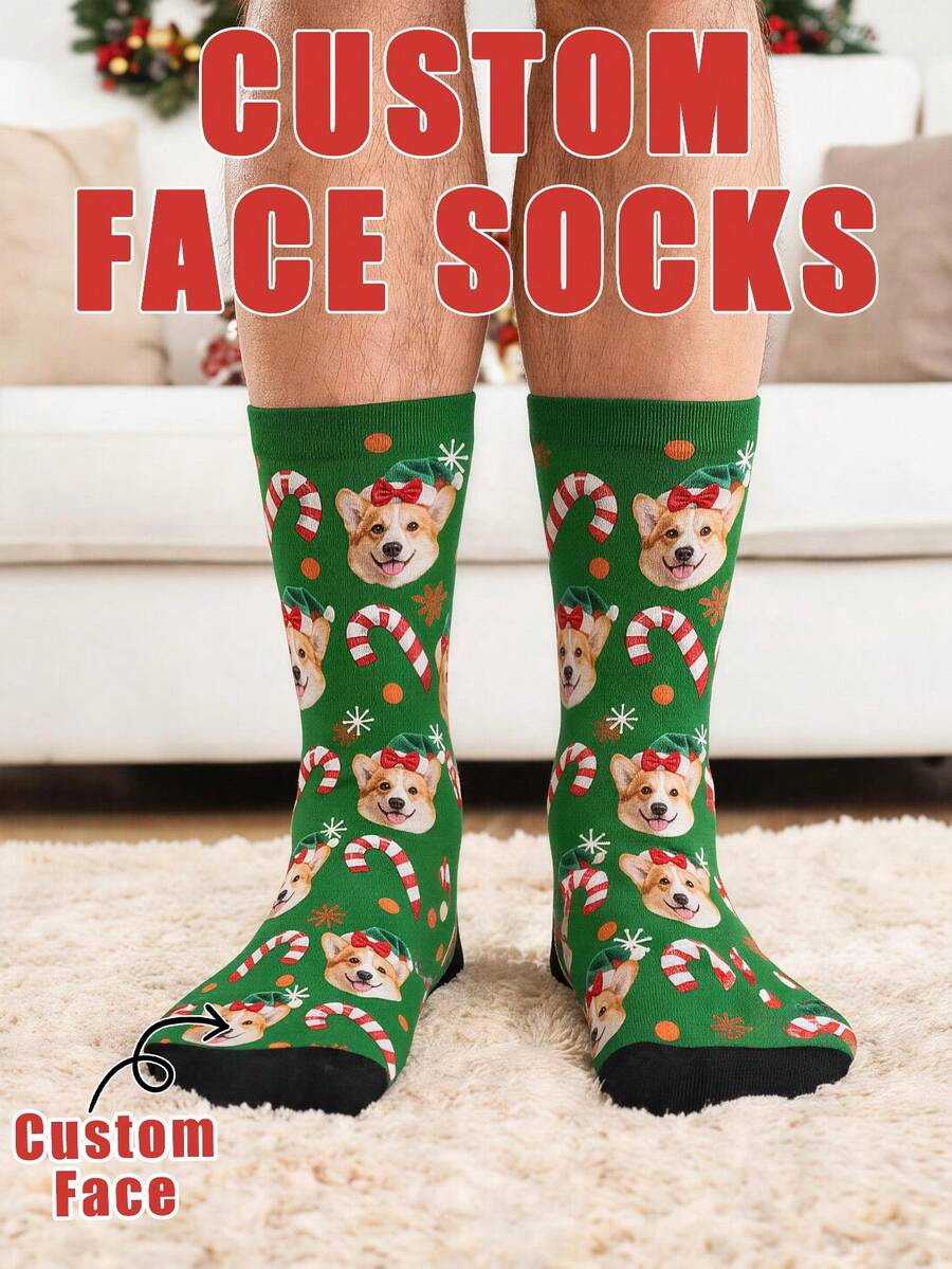 Custom Face Christmas Crew Socks, Green Mid-Calf Socks With Custom Pet Face, Candy Cane & Snowflake Print, Personalized Holiday Novelty Gift Socks - Multicolor - View 1
