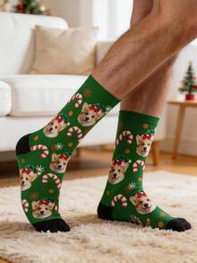 Custom Face Christmas Crew Socks, Green Mid-Calf Socks With Custom Pet Face, Candy Cane & Snowflake Print, Personalized Holiday Novelty Gift Socks - Multicolor - View 3
