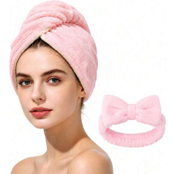 Handuk Rambut Mikrofiber Tebal Dua Lapis untuk Mengeringkan Rambut Wanita, Lembut, Ringan, Cepat Kering, Bentuk Turban untuk Rambut Keriting dan Panjang