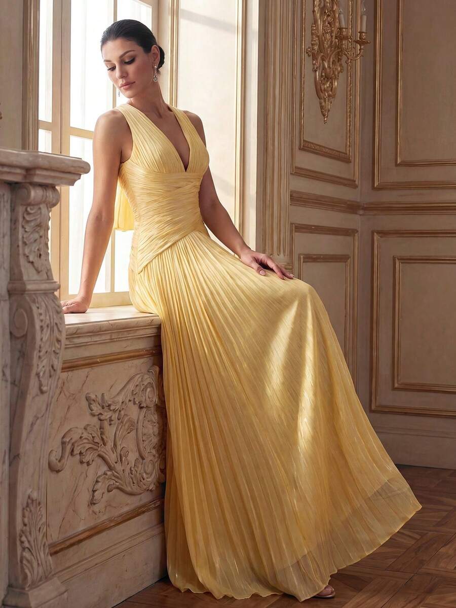 Smilprince Women's Spring/Summer Gentle Flowing Pale Yellow Spaghetti Strap V-Neck Pleated Maxi Evening Gown, Shiny Chiffon Formal Dinner Dress - Yellow - View 1