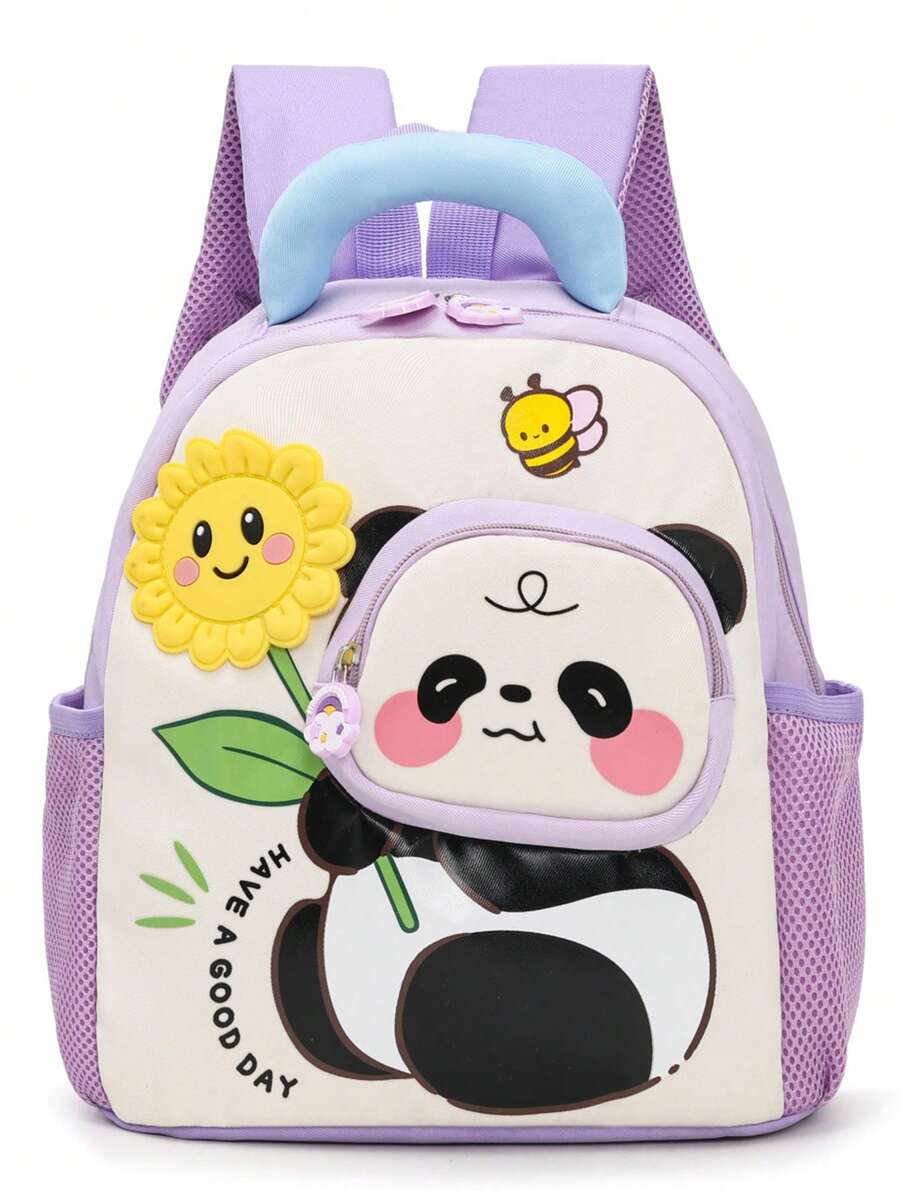 1pc Lightweight Contrast Color Panda Print Cute Backpack, Casual Student Backpack - Purple - View 1