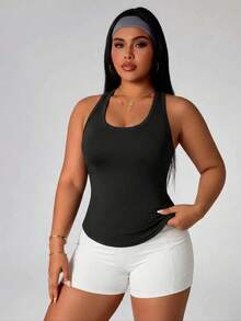 1pc Plus Size 2-In-1 Tank Top With Built-In Cup Pads, Racerback Camisole Undershirt, Casual Spaghetti Strap Tank Top For Women, Spring Summer Autumn Winter - Black - View 3
