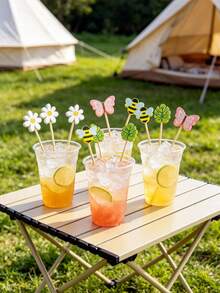 200pcs/100pcs/10pcs Assorted Animal & Floral Bamboo Skewers Fruit Forks, Tropical Cocktail Picks, Summer Pool Beach Cocktail Picks, Butterfly, Bee, Monstera Leaf, Daisy Pattern, Suitable For Appetizers, Food, Drinks - Multicolor - View 8