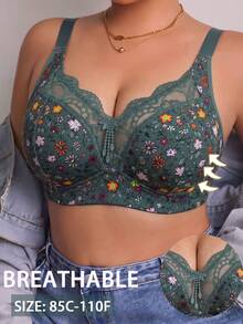 Plus Size Women's Floral Print Patchwork Wireless Bra, Breathable Non-Slip Push-Up With High Support, Seamless For Daily Wear And Various Occasions - Green - View 4