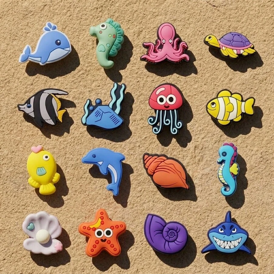 Set 16 Buah: Gantungan Sepatu PVC Warna-warni dengan Tema Kartun Kelautan - Aksesori dan Hadiah yang Cocok untuk Sepatu Bakiak, Sepatu Pantai, dan Sandal - MultiWarna - View 1