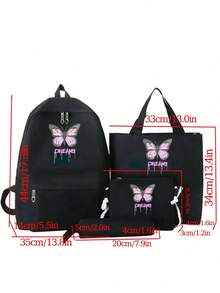 Set de 4 piezas - Set de mochila con estampado de mariposa púrpura, incluye mochila, bolso tote, bolsa de almacenamiento, estuche para lápices, set de bolsas de nylon de gran capacidad para uso diario y viajes cortos, mochila casual con múltiples bolsillos, adecuado para estudiantes, recién graduados, jóvenes, aplicable para regreso a la escuela, desplazamientos diarios, compras, viajes cortos y viajes de ocio al aire libre - Negro - Ver 2