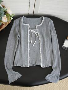 2pcs/Set Atasan Camisole Rajut Seksi & Kardigan Lengan Panjang, Trim Renda Transparan, Pita Ikat, Cocok Untuk Jalan-jalan, Berkomuter, Kencan Musim Gugur - bunga abu-abu - View 7