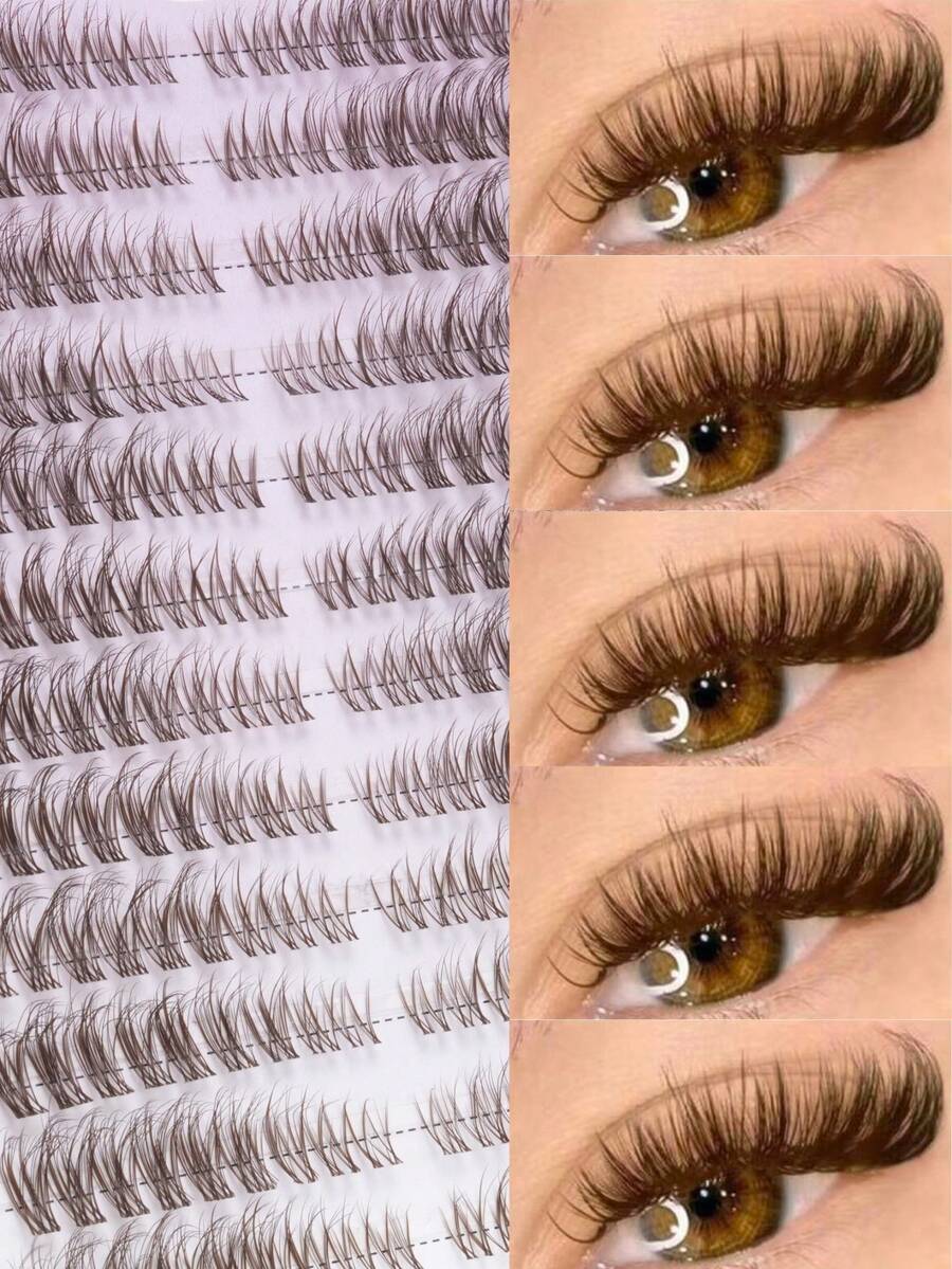 216pcs Brown Single Cluster False Eyelashes, Transparent Stem, Soft Brown Layered Fine Eyelash Tips, Creating Natural Enhanced Makeup Effect, Transparent Seamless Base Stem Invisible Fit, Suitable For Daily Natural Makeup, Weekend Outings And Various Holiday Looks - D - View 1