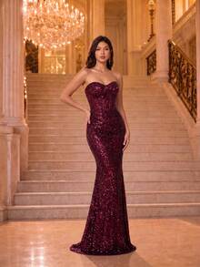 Autumn/Winter Elegant Luxury Full Sequin Mermaid Long Evening Dress, Waist-Cinching Boning Pleated Elastic Fabric, Strapless Heart-Shaped Neckline, Suitable For Parties, Balls And Nightclubs - Burgundy - View 4