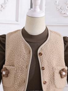 A Two Pieces Casual Style Girls' Vest And Dress Set In Plaid Fabric, Suitable For Outdoor Wear In Autumn And Winter. - Mocha Brown - View 6