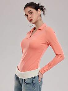 KyrLssu 女款領口V領修身長袖 Polo 上衣 - 粉色 - 查看 5