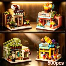 Street Scene Store Building Block Set, 4 Decoration Styles: Coffee Shop, Flower Shop And Bubble Tea Shop Architectural Models; DIY Building Block Toy; Exquisite Desktop Home Decor; Stress Relief Puzzle Gift For Adult Women - Multicolor - View 1