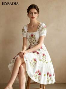 ELYRADIA Elegant Retro White Embroidered Floral Midi Dress, Square Neck Short Sleeve A-Line Spaghetti Strap Dress, Formal Luxury Evening Gown For Wedding - Beige - View 6