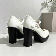Geeyea Vintage High-Heel Mary Jane Shoes For Women,Round-Toe Block-Heel Slip-On Shoes With An Ankle Strap Buckle,Mary Jane Shoes - 白色 - 查看 6