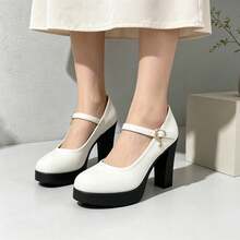 Geeyea Vintage High-Heel Mary Jane Shoes For Women,Round-Toe Block-Heel Slip-On Shoes With An Ankle Strap Buckle,Mary Jane Shoes - 白色 - 查看 2