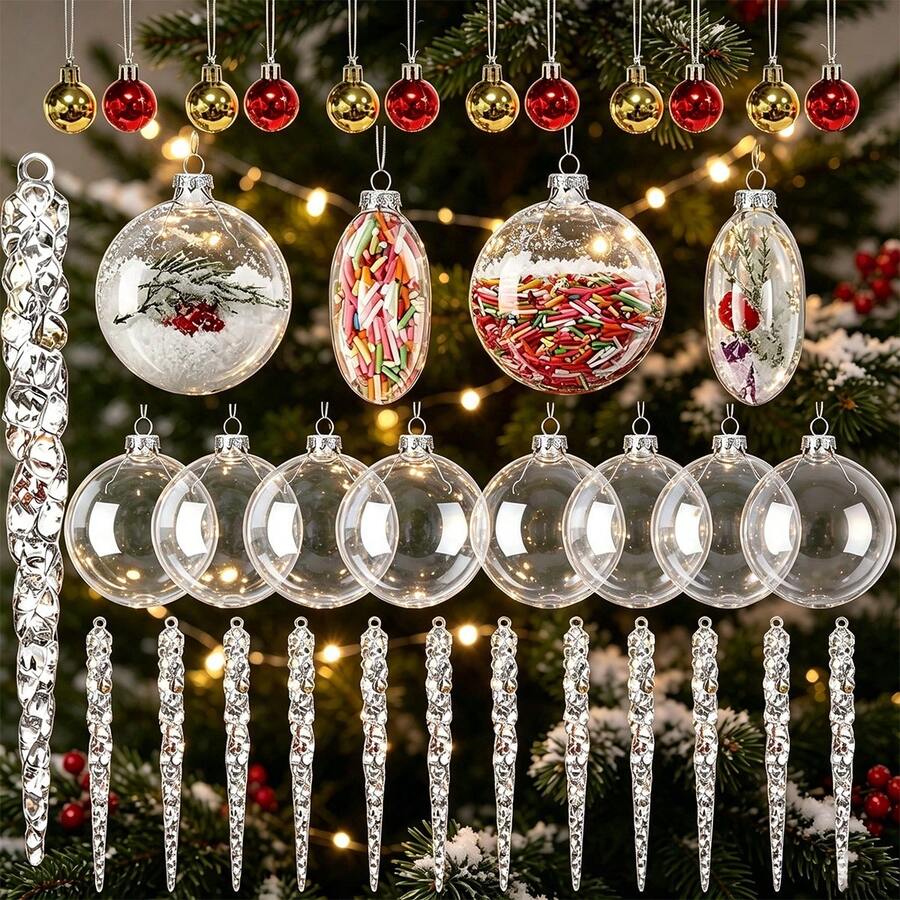 Christmas Decoration Set, Fillable Transparent Plastic Ornaments, Acrylic Icicle Hanging Decor, Red & Gold Christmas Baubles, For Christmas Tree Decoration, DIY Handmade Holiday Party Decor - Clear - View 1
