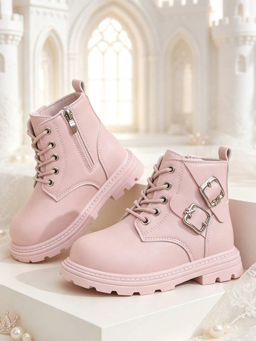 1 Pair Girls' Short Boots, Soft PU + Metal Buckle Decor, Round Toe Elastic Soft Sole, Inner Zipper Design, Fashionable British Style Ankle Boots, Suitable For Boys And Girls Students, Daily Campus, Vacation, Outings