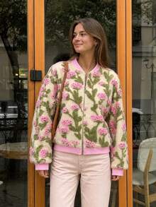 Women's Pink Green Floral Country Style Baseball Jacket Loose Cropped Long Sleeve Terry Jacquard, Vacation Commute Back To School Fall - Multicolor - View 1