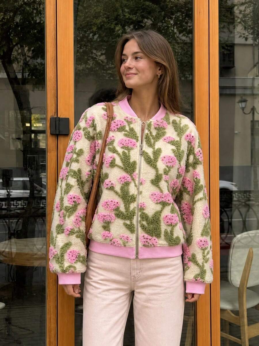 Women's Pink Green Floral Country Style Baseball Jacket Loose Cropped Long Sleeve Terry Jacquard, Vacation Commute Back To School Fall - Multicolor - View 1