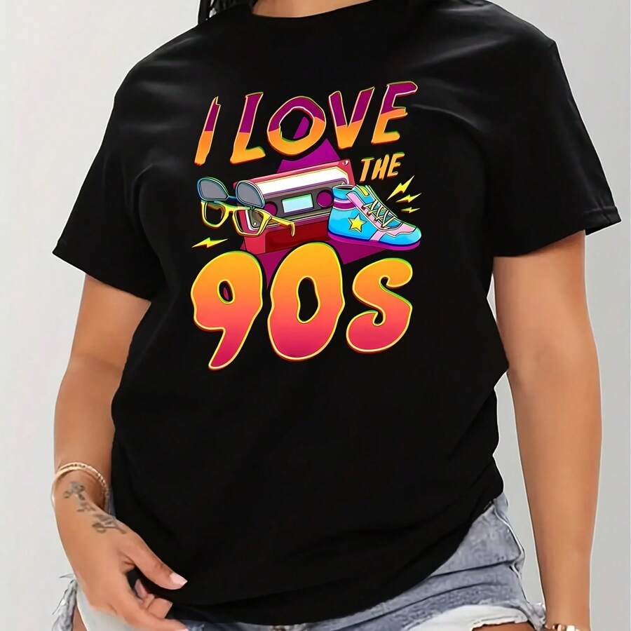T-Shirt With "I Love 90s" Print For Women, Casual Short-Sleeved Top For Summer And Spring. - 款式 - 查看 1