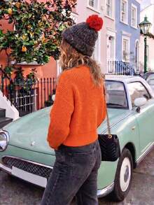Women's Round Neck Orange Ribbed Long Sleeve Cropped Knit Top, Casual Street Style, Suitable For Autumn/Winter, Holiday Dates And Commuting, Versatile - Burnt Orange - View 3