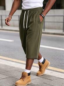 Men's Summer Casual 3/4 Pants, Drawstring Waist, Fashionable And Comfortable, Suitable For Daily Wear And Outdoor Sports - Army Green - View 5