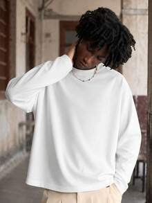 FRACTYR Men's Minimalist Solid Color Crew Neck Long Sleeve Top, Loose Streetwear Basic Long Sleeve T-Shirt - White - View 1