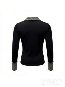 Women's Early Spring Striped Patchwork Slim Fit Cardigan Top, Collared Long Sleeve T-Shirt - Black - View 10
