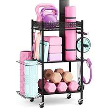 Home Gym Storage Rack, 3-Tier Yoga Mat Storage With Wheels And Hooks 200 Lbs Steel Rack With Lockable Casters And Side Hooks. 3-Tier Fits Yoga Mats And Dumbbells - 10-Min Assembly - Black - View 7