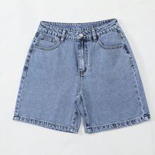 Women's Casual Loose Bermuda Denim Shorts With Pockets Summer, Aesthetic - Medium Wash - View 4
