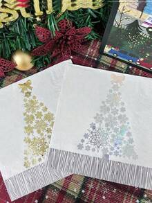 20pcs Gold Foil Christmas Tree Napkins – White Background Featuring Gold And Silver Foil Christmas Tree Patterns And Elegant Snowflake Designs, Accented With Gold Bows; Suitable For Christmas Celebrations. - Multicolor - View 9