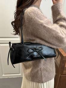 New Fashion Bow Decor Handbag, Suitable For Party, Outing, Vacation, Shopping And Daily Use, Can Store Coins, Phone, Also Suitable As Work Bag For Office Ladies, College Students And Professional Women, Elegant Women's Bag, Office, PU Women's Shoulder Bag, Black Bag - Black - View 5