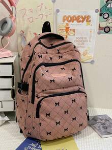 Set de 3 piezas de mochila, mochila grande + bolso cruzado + monedero, patrón de lazo, tela suave, correa de hombro ajustable, gran capacidad, adecuado para el desplazamiento diario en el campus - Rosa - Ver 4