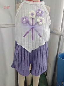 HAO6 Conjunto de moda para bebé niña: Top halter con decoración de flor de ganchillo y lazo, y shorts acanalados - Morado - Ver 8