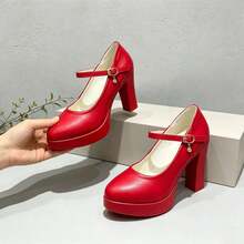 Geeyea Vintage High-Heel Mary Jane Shoes For Women,Round-Toe Block-Heel Slip-On Shoes With An Ankle Strap Buckle,Shoes For Women Heels - 紅色 - 查看 3