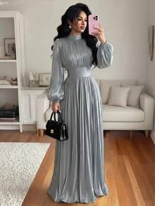 Women's Solid Color Long Sleeve Woven Full Body Lined Ruched Waist Back Tie A-Line Sexy Elegant Wedding Party Dress - Light Grey - View 4