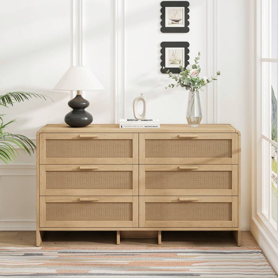 130CM Arc Shaped Corner Rattan Cabinet, 6-Drawers Rattan Storage Cabinet Rattan Drawer, For Living Room Bedroom,And Kitchen, Natural - 彩色 - 查看 1