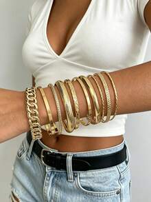 10/7pcs Vintage Exaggerated Glamorous Geometric Twisted Hollow Wide Gold Bracelet Set, Suitable For Women's Daily Casual, Party, Vacation Wear, Holiday Gift - Gold - View 4