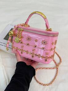 精緻珠飾刺繡圖案金屬手柄與編織皮革金屬鏈條裝飾，拉鍊開合，復古優雅方型女款小手提包，適合購物、約會、社交場合與旅行，小眾精緻氛圍感手袋 - 粉色 - 查看 6