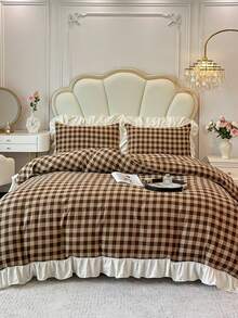 Brown Plaid Print Ruffle Edge Duvet Cover 4-Piece Set, Soft And Comfortable Bedroom Bedding Set Including 1 Duvet Cover, 1 Bed Sheet, 2 Pillowcases, No Filling, Suitable For Bedroom, Dorm, Home Use, Multiple Size Options, Back To School Dorm Decor, College Decor - Brown - View 2