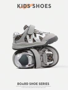 2 Pairs Toddler Leopard Print Patchwork Hook & Loop Round Toe Low-Top Flat Sneakers For Daily Wear And Outfits[Purchase Based On Actual Cm Inner Length] - Grey - View 1