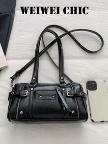Bolso cilíndrico Y2K Millennium Hot Girl con múltiples bolsillos con cremallera, decoración de herrajes con remaches, uso dual de mano y bajo el brazo, estilo retro de motocicleta, atuendo de uso diario, bolso de hombro personalizado para mujer - Negro - Ver 3