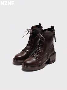 NZNF 1 Pair Contrast Color Western Style Buckle Thick Sole Slip-On Women's Retro Knight Boots Matte Chunky Heel Mid-Calf Boots Outdoor - Brown - View 1