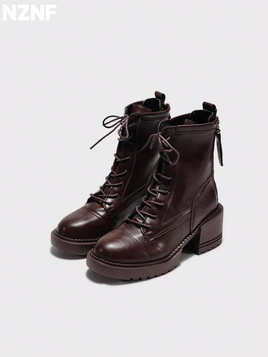 NZNF 1 Pair Contrast Color Western Style Buckle Thick Sole Slip-On Women's Retro Knight Boots Matte Chunky Heel Mid-Calf Boots Outdoor - Brown - View 1