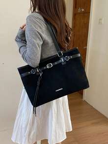 Vintage Textured Large Capacity Tote Bag, Fashionable Exquisite Buckle Design Handbag, Women's Daily Commute, Shopping Shoulder Bag - Multicolor - View 3