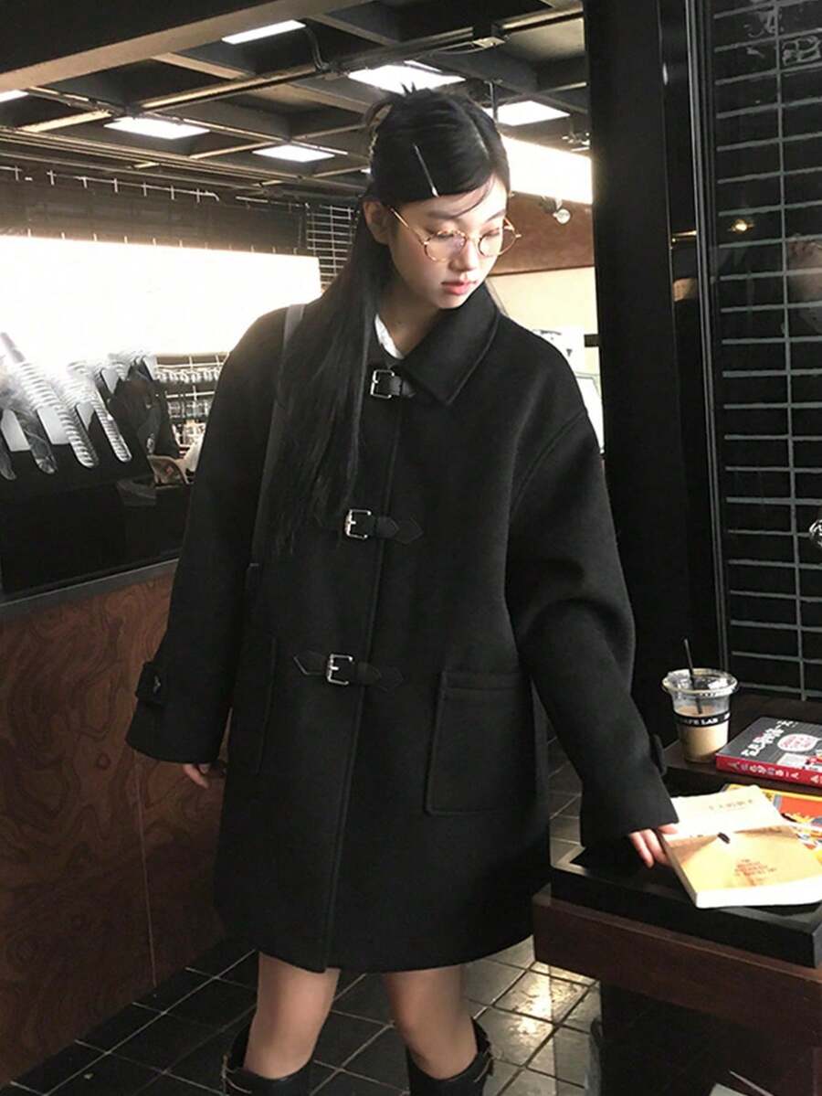 Women's Black Polo Collar Overcoat, Autumn/Winter Elegant Outerwear - Black - View 1