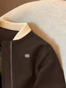 SAOYANGYU Women's Casual Daily Patchwork Contrast Color Ribbed Baseball Jacket, Small Badge Decor, Loose Fit Zip-Up Jacket, 270G Woven Fabric Spring - Coffee Brown - View 4