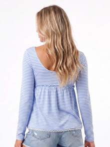 Women's Striped Babydoll Tops Long Sleeve Scoop Neck Fall Shirts - Blue - View 5