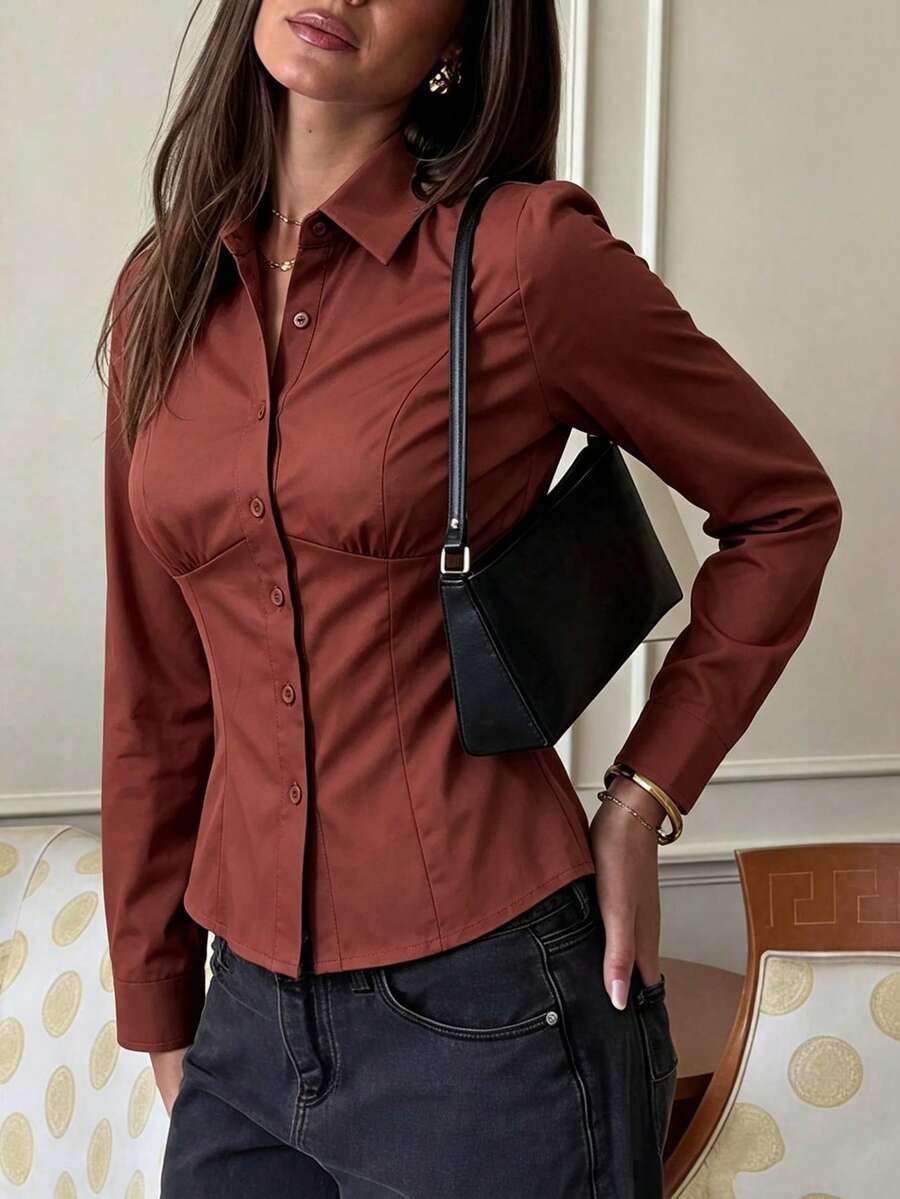 Women Elegant Vintage Retro Solid Collared Long Sleeve Button Front Bust Seam Detail Slim Fit Waist Cinched Fitted Shirt Blouse - Rust Brown - View 1