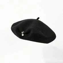 1pc Women's Wool Beret Hat With Inner Binding And Woman Portrait Design, Pearl & Metal Decor, Warm & Cold-Proof For Autumn/Winter, Fashion Casual Minimalist Daily Hat - Pearl Metal Pendant - View 12